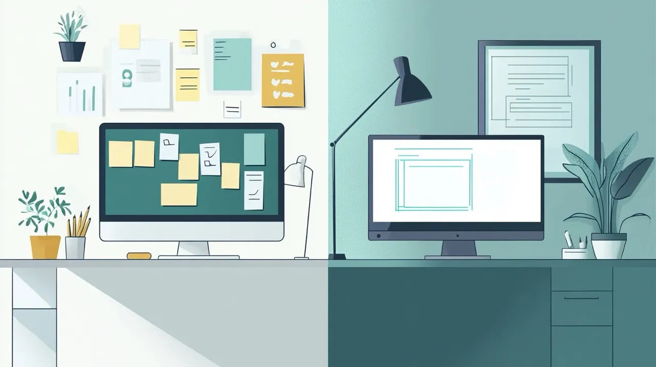 Zwei minimalistische Arbeitsplätze im Vergleich: traditionelle vs. KI-gestützte Entwicklung