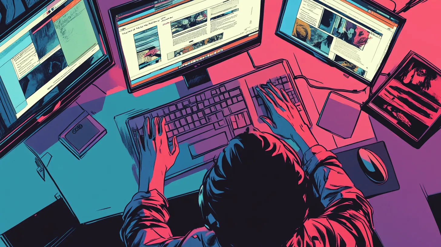 a person sitting in front of many monitors at work