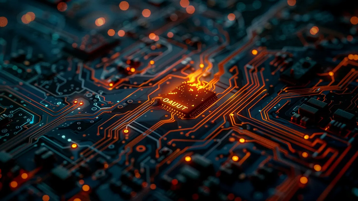 Macro-Aufnahme von OAuth-, Extensions- und Container-Tokens auf einem PCB — Supply-Chain-Risiko